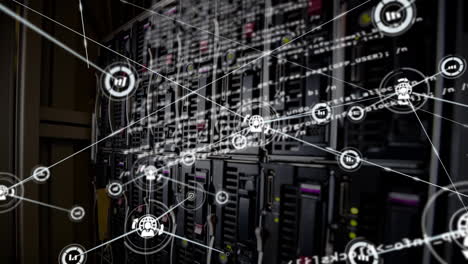 animación del procesamiento de datos y los iconos de los medios en la sala del servidor