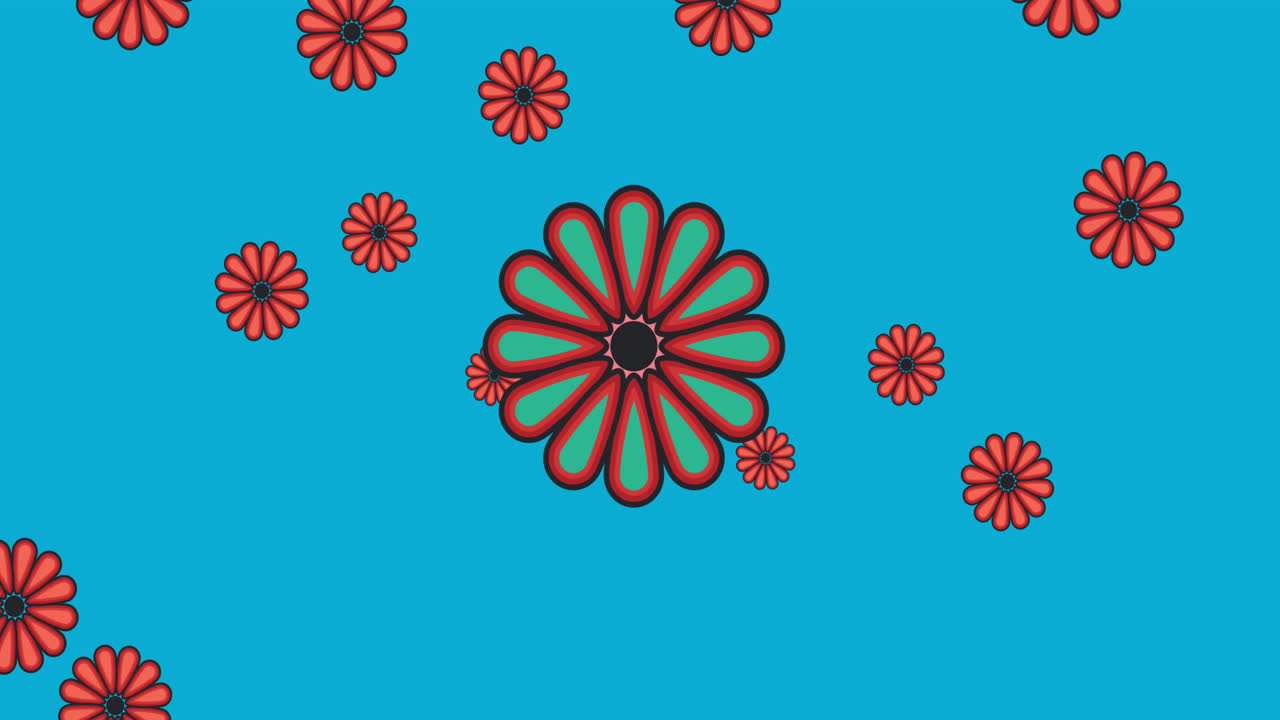 animación de múltiples flores rojas que se mueven sobre un fondo azul