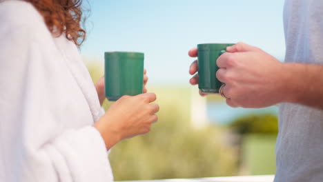 couple, hands and people cheers coffee