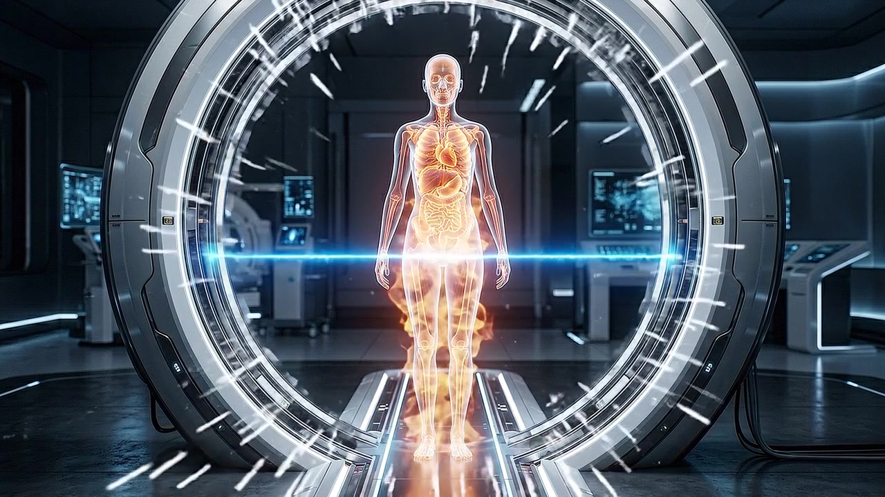 Sosok Manusia Berdiri di Dalam Pemindai Medis Melingkar Futuristik dalam Tampilan Medis