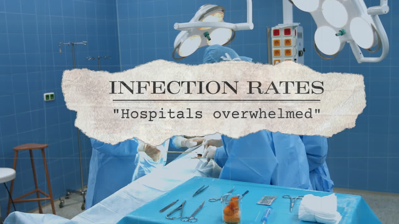 수술실에서 수술을 하는 외과 의사 팀에 대한 코로나바이러스 콘셉트 텍스트 배너