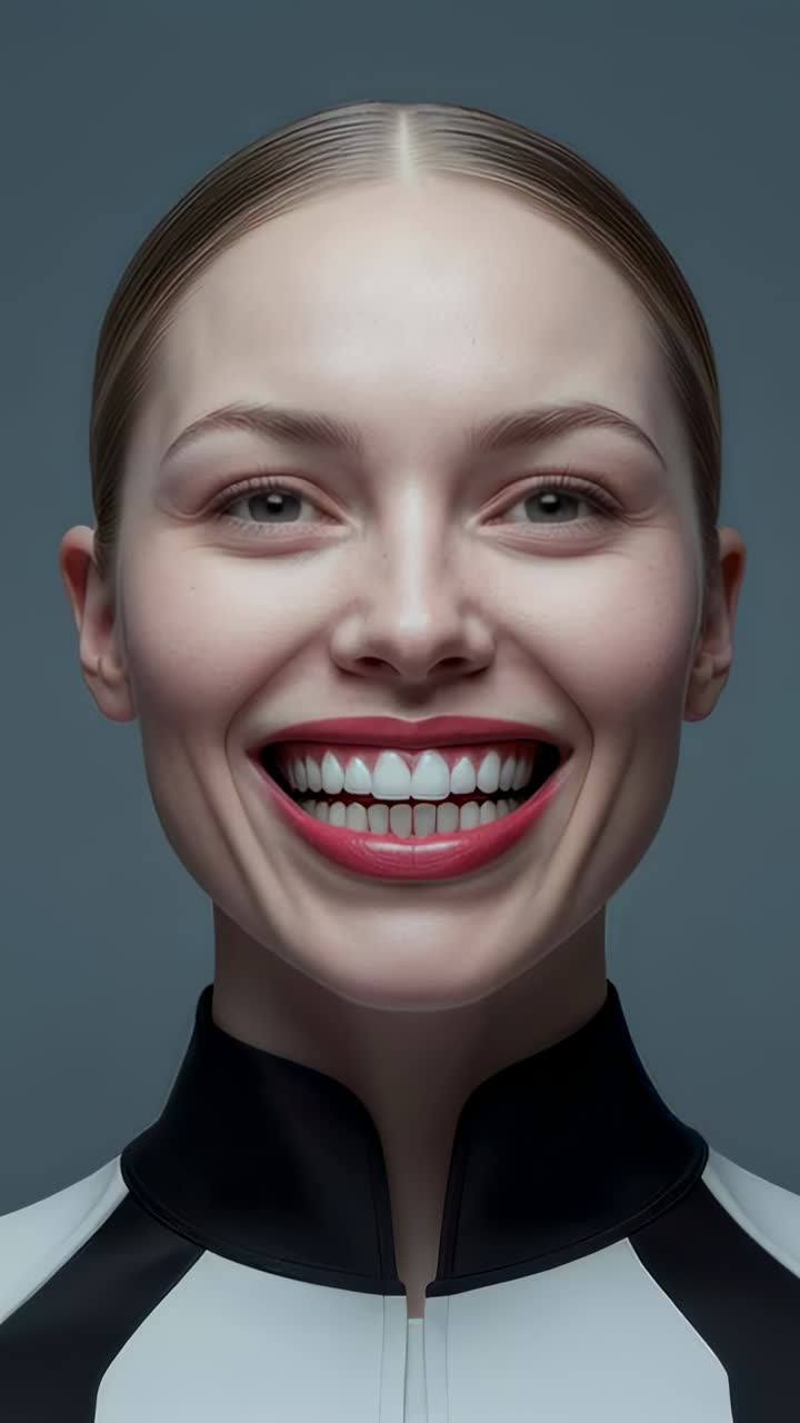 Video verticale: Modello che sorride in studio, camera che si avvia, colletto bianco e nero, rossetto rosso, denti