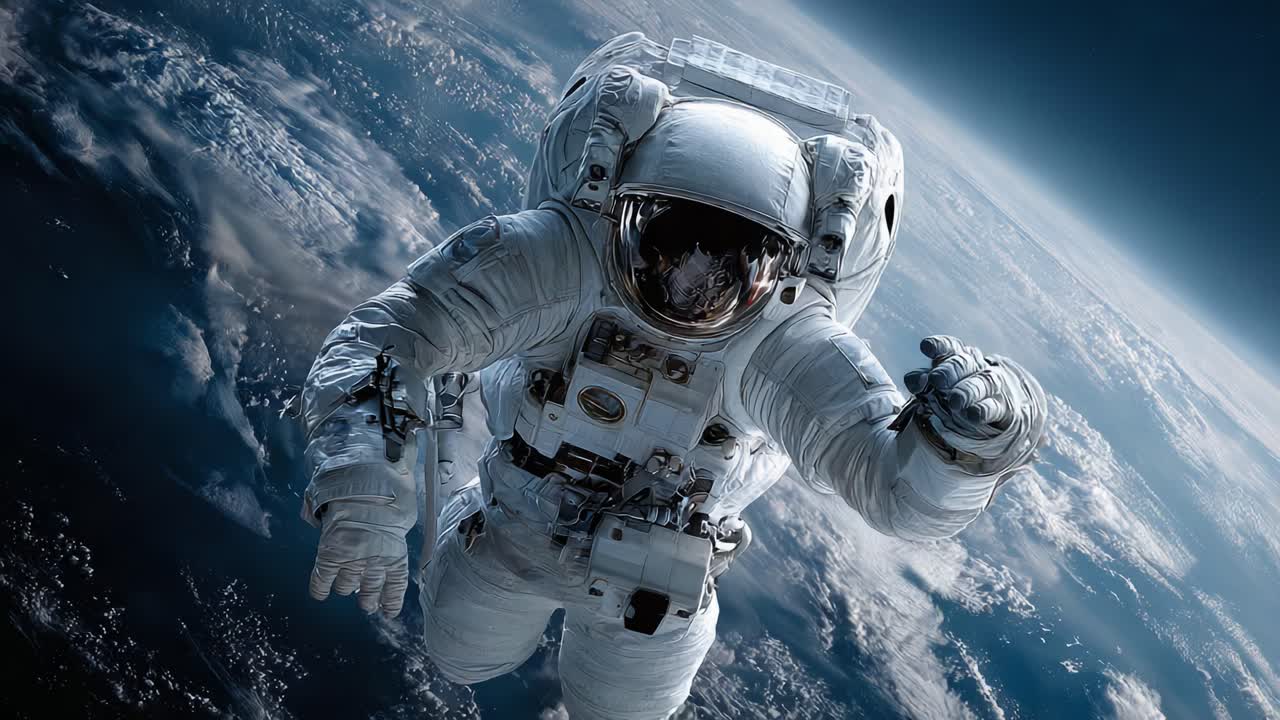An astronaut gracefully floats through the vastness of space, capturing the serene beauty of Earth below in a breathtaking cosmic dance, showcasing human exploration and innovation