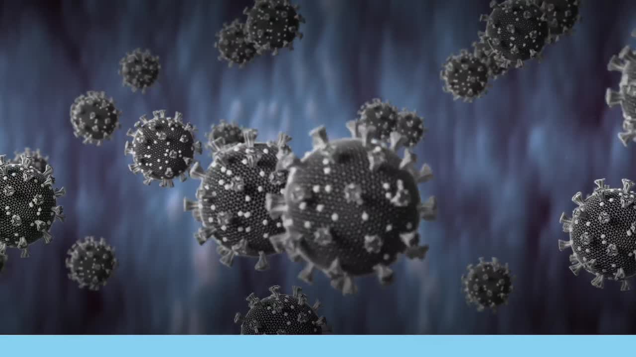 animación de células de covid 19 flotando sobre un fondo azul