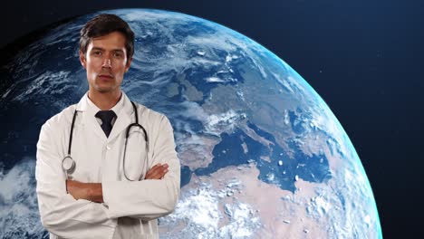 animation of caucasian male doctor over globe on black background