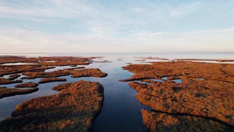 dron lecący nad rozległym torfowiskiem z nagromadzonymi torfami