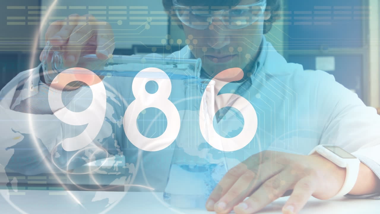 Animation of virus and covid 19 text over caucasian male scientist pouring chemical from test tube