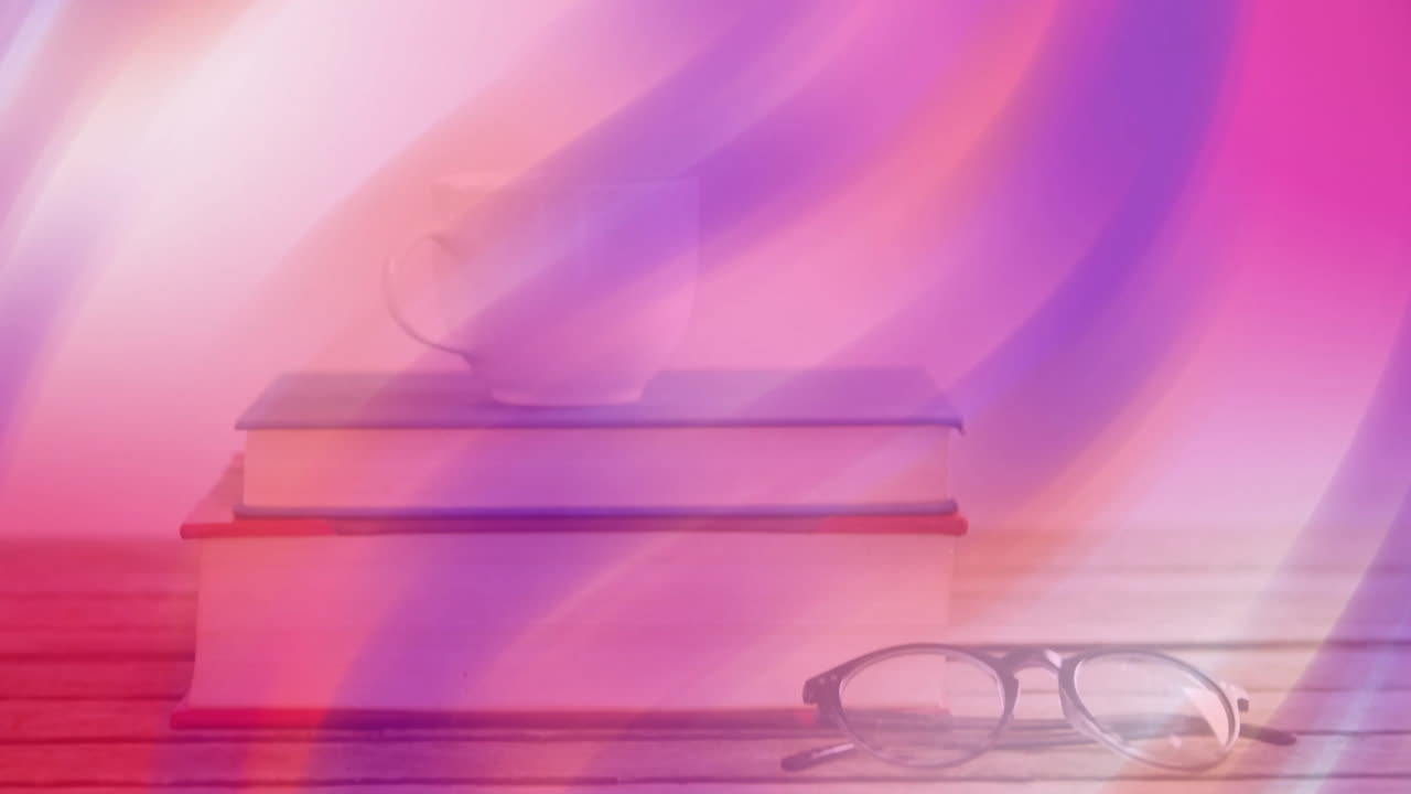 3D render showing white ceramic teacup resting on books and tabletop, glowing pink purple lights