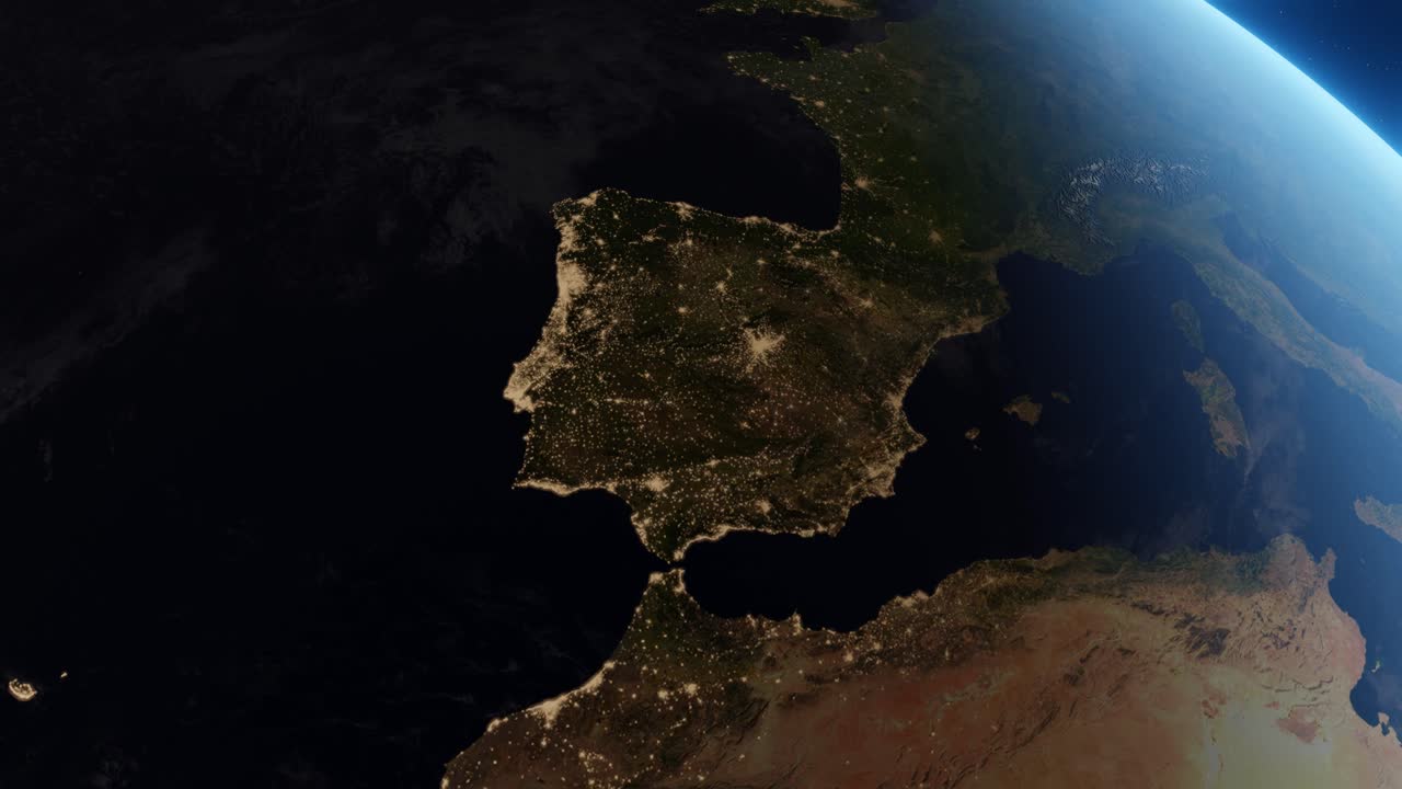 3D Animation showing Spain from space during the transition from day to night