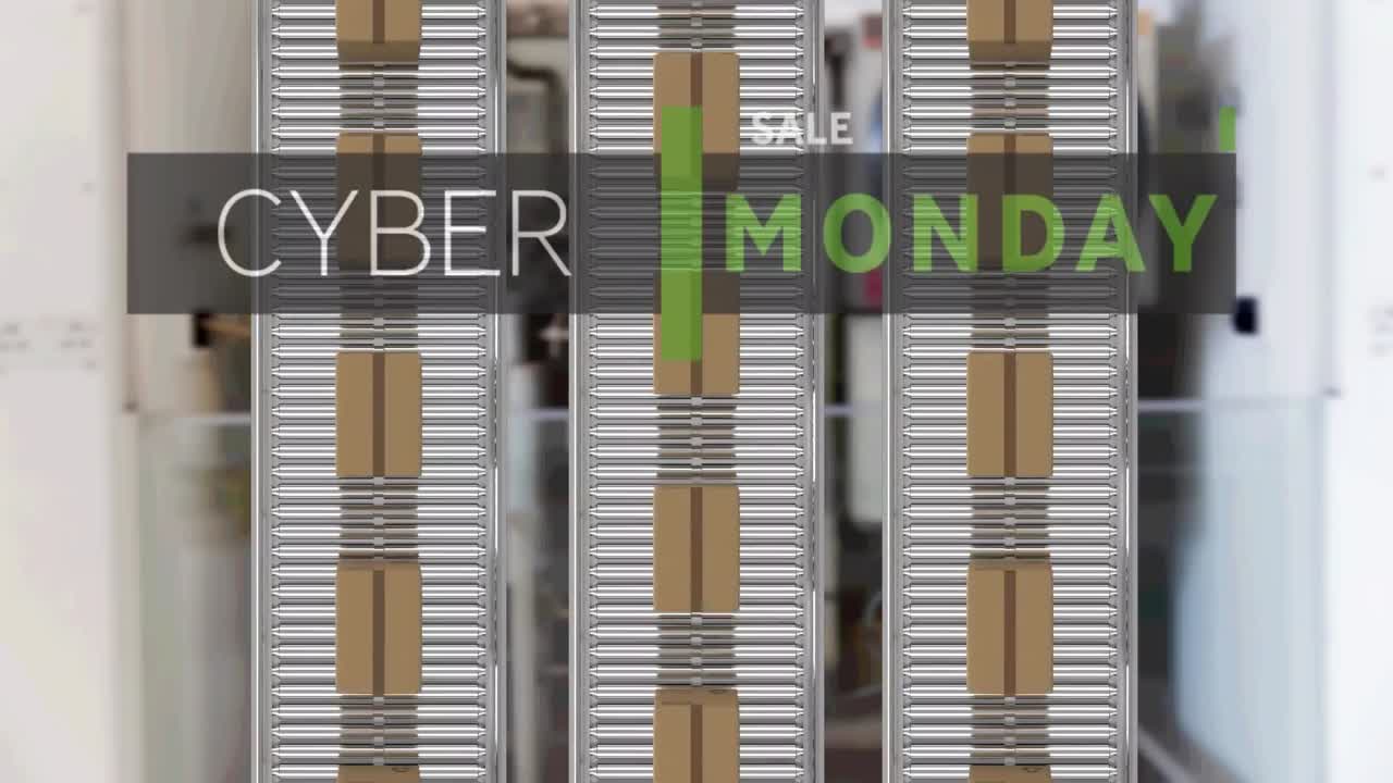 컨베이어 벨트에 있는 카드보드 상자 위에 있는 사이버 월요일 판매 텍스트의 애니메이션