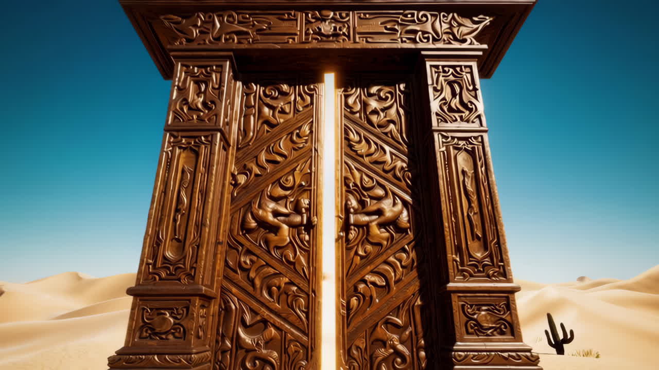 A series of images showcasing desert landscapes, with a focus on sun-drenched sand dunes, a view from within a tent, and grand ornate wooden doors.