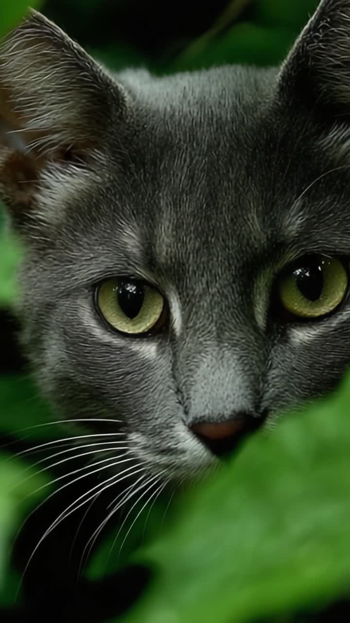 Uno Sguardo Accattivante: L'Enigmatica Presenza di un Gatto Grigio Nascosto Tra una Lussureggiante Vegetazione, Che Osserva i Suoi Dintorni con Intrighi Curiosità e Intensità