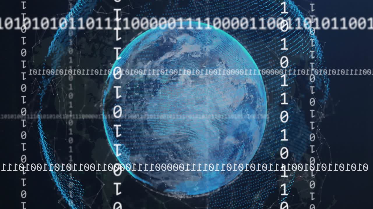 Animation of looping binary codes with connected dots around globe against abstract background