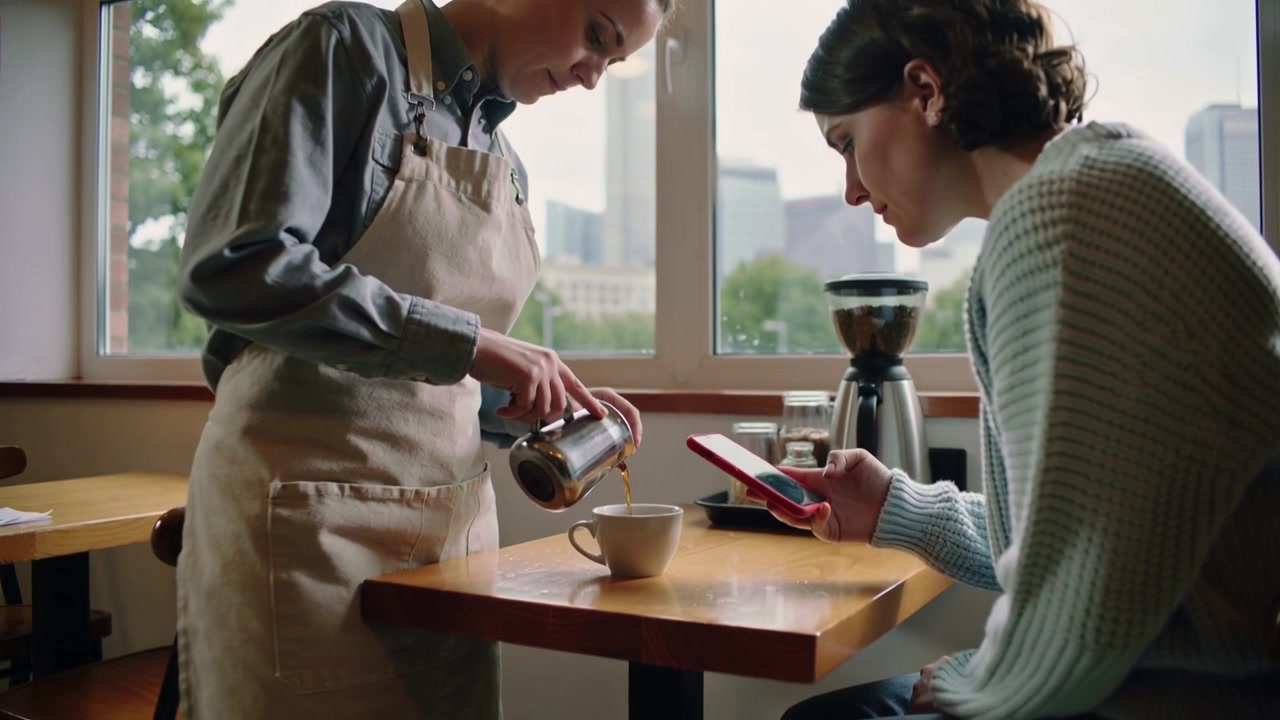 Walking barista wearing apron pouring from metal pitcher into cup at cafe table, serving customer