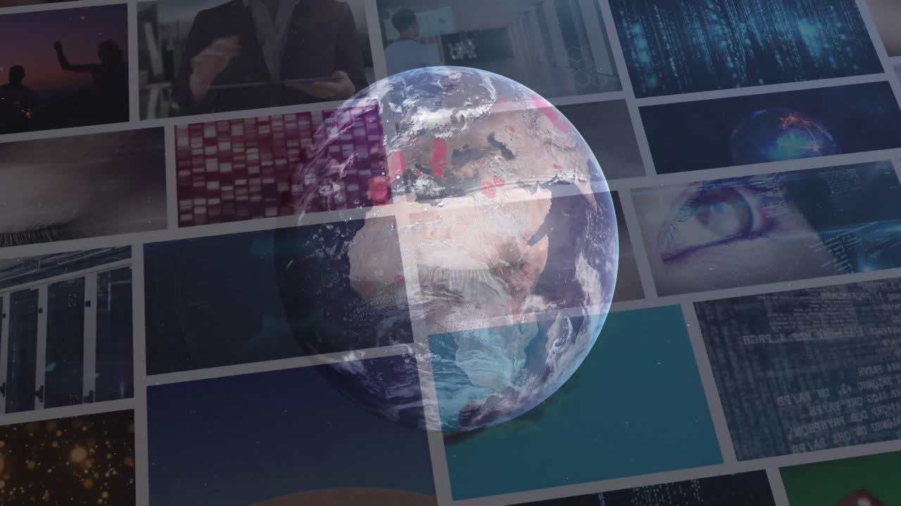 animación del globo en el espacio sobre clips de colores que se reproducen en pantallas compuestas