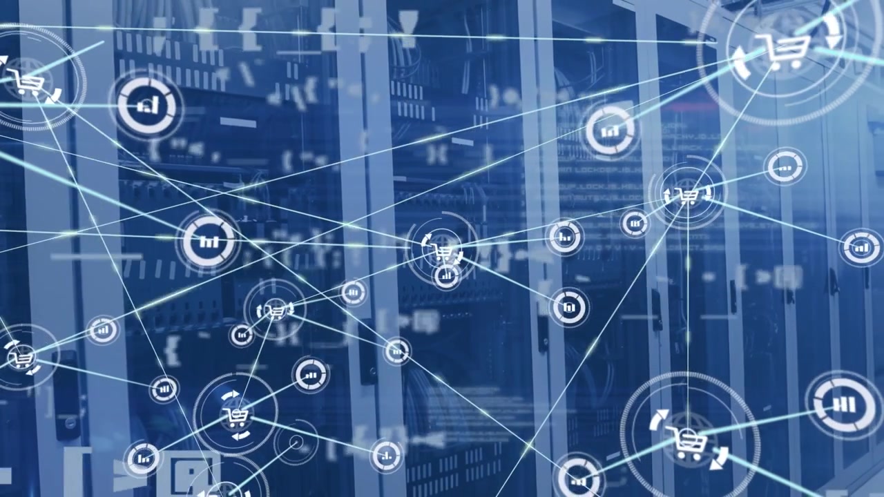 Animation of network of connections with icons over computer servers and data processing