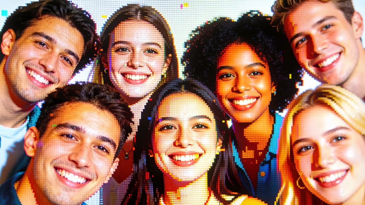 Grupo de siete amigos inclinándose y ajustando sus cabezas después de una cuenta regresiva en un estudio, con una superposición de confeti.