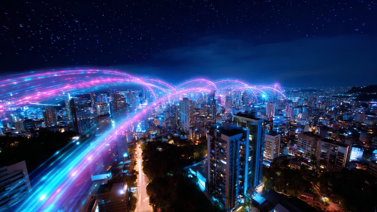 A Stunning Nightscape Showcasing Vibrant Light Trails Over a Bustling City, Illuminated by Neon Hues and Starry Skies, Capturing the Essence of Urban Life and Technological Advancement in a Captivating Visual
