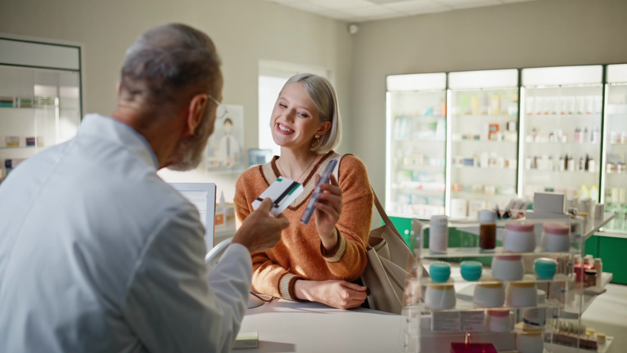 Funcionário da farmácia oferecendo medicamentos no caixa em close-up. Especialista olhando para a tela.
