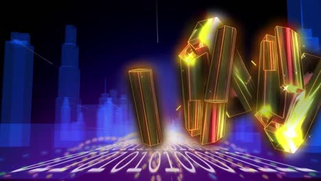 animación de formas en movimiento y codificación binaria sobre la ciudad digital