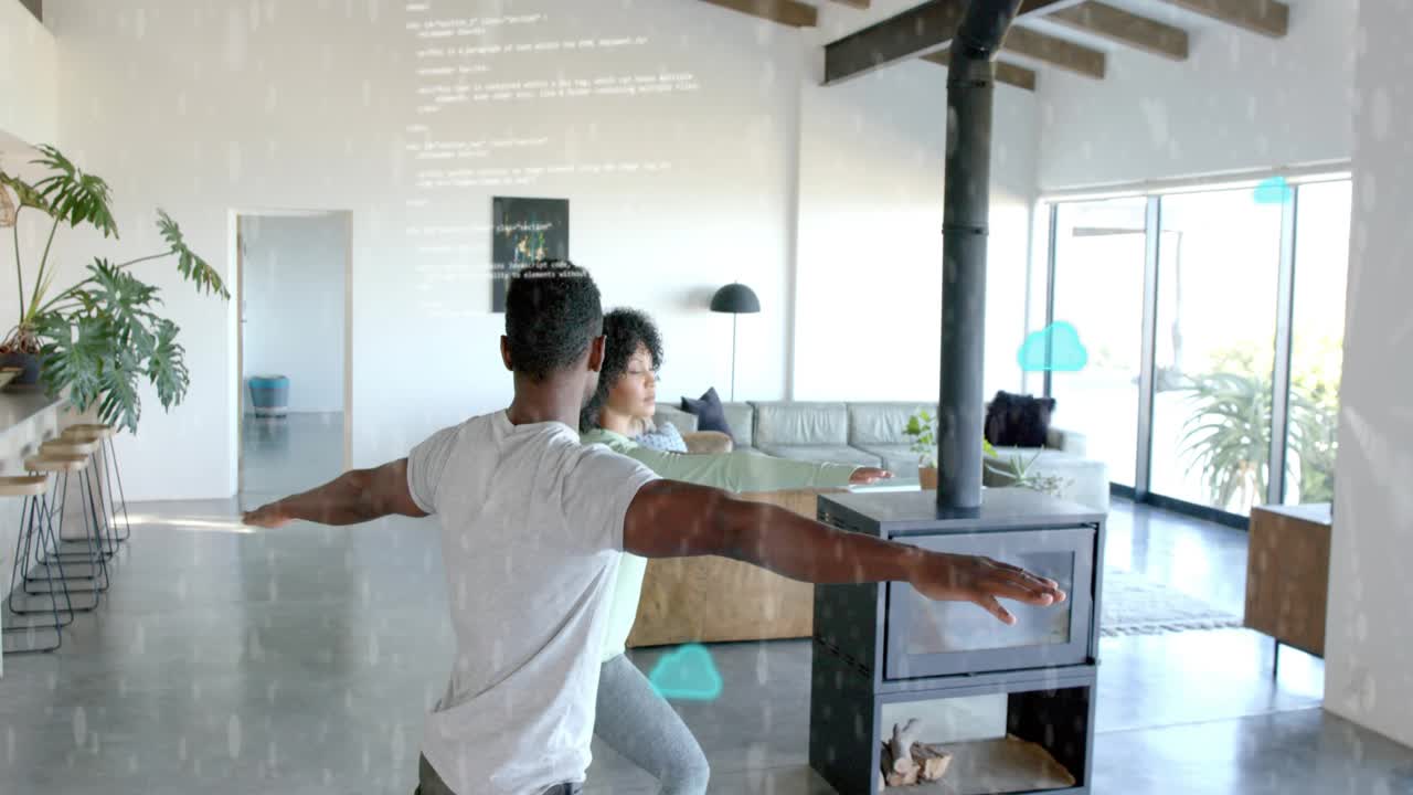 Couple walking home as turquoise code clouds appearing, stepping and holding arms out, engaging AR