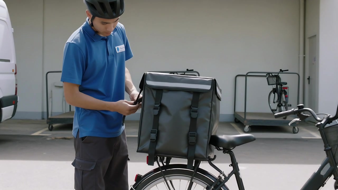 Checking smartphone, helmeted courier securing pannier straps on cargo bike at depot, prepping load