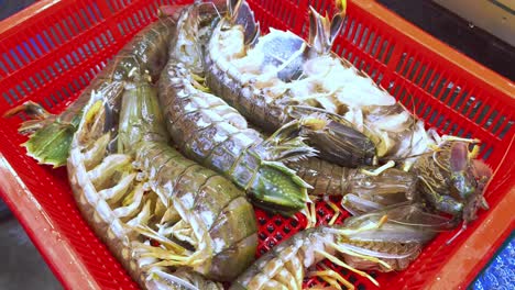 fresh mantis shrimp in a red basket