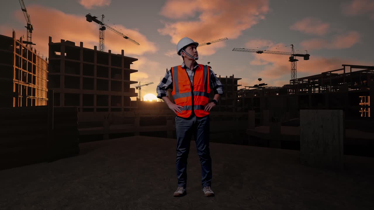 Full Body Of Asian Male Engineer Wearing Safety Helmet Looking Around While Standing With Arms Akimbo At Building & Construction Site in Progress to New House
