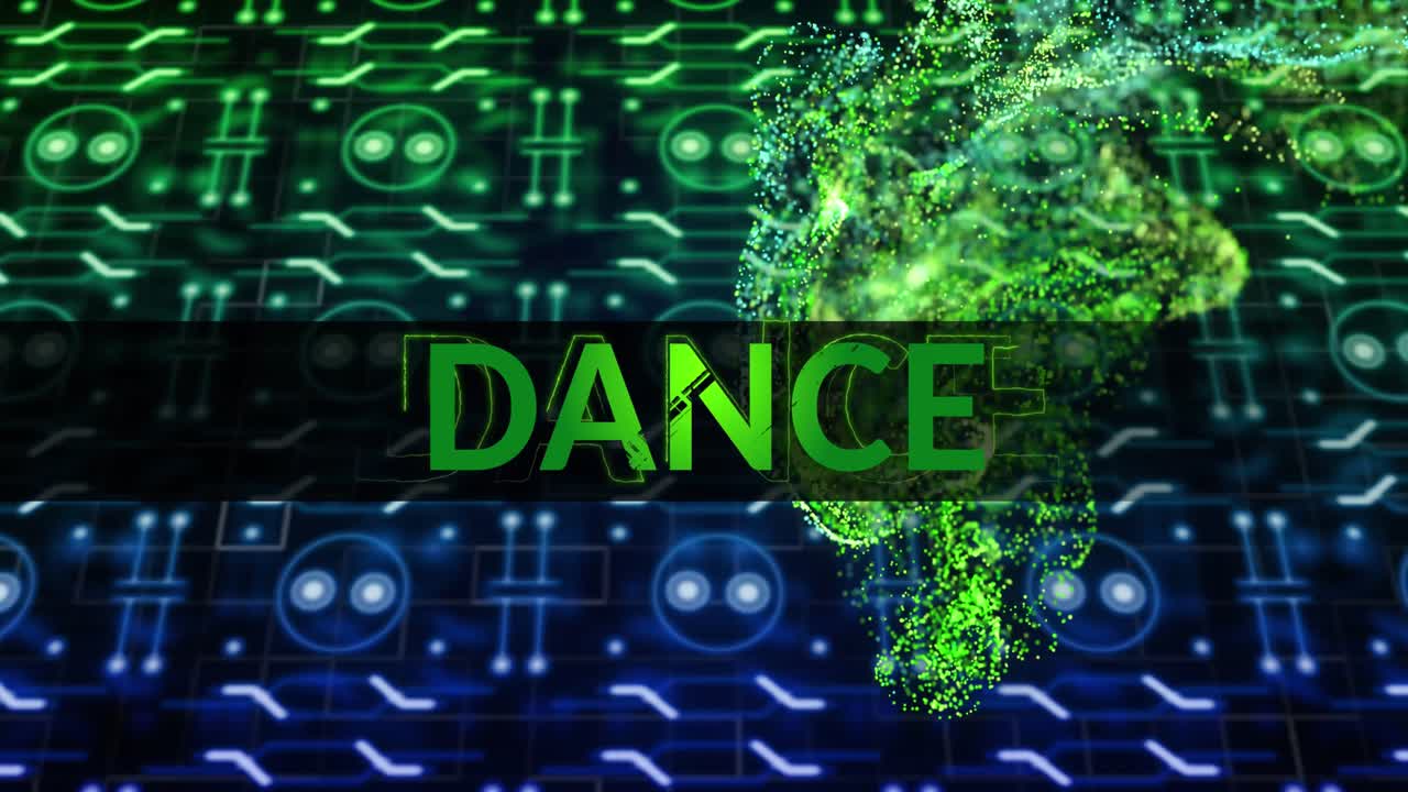 Animation of dance text over green shapes and computer circuit board on black background