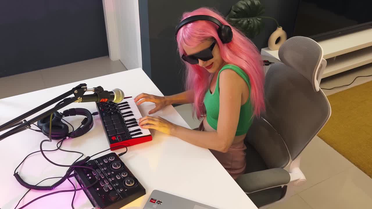 mujer grabando música en un estudio casero