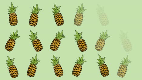 Animation-of-single-pineapples-floating-on-green-background