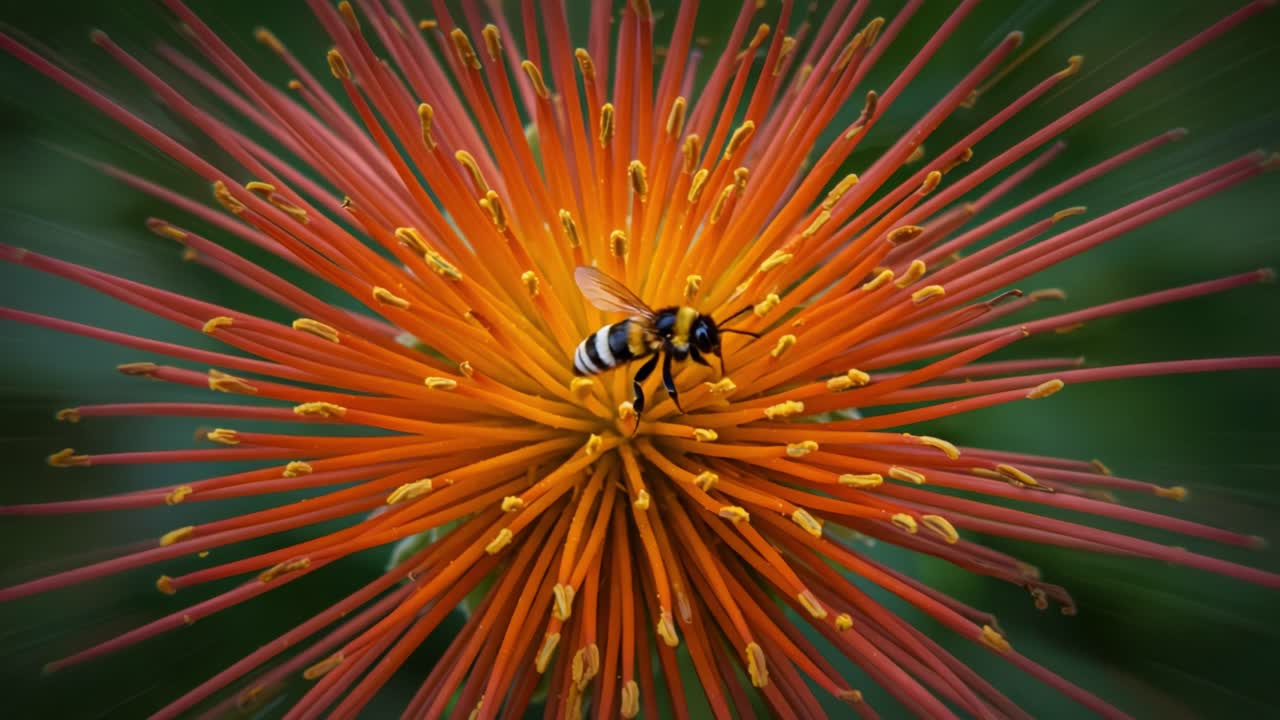 A mesmerizing close-up of a bee as it collects nectar from a vibrant orange flower, showcasing the intricate details of nature's pollinators and their essential role in the ecosystem