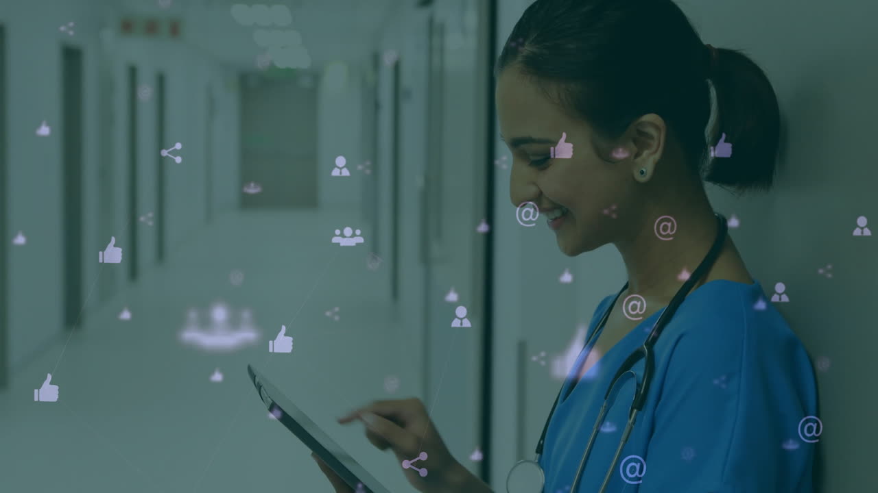Using tablet with social media icons overlay, healthcare professional in animation