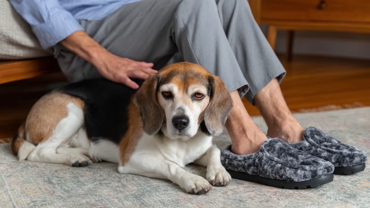 Un sereno momento di compagnia: un beagle si rilassa accanto a una persona con delle comode pantofole, godendosi le carezze e il calore in una tranquilla atmosfera domestica