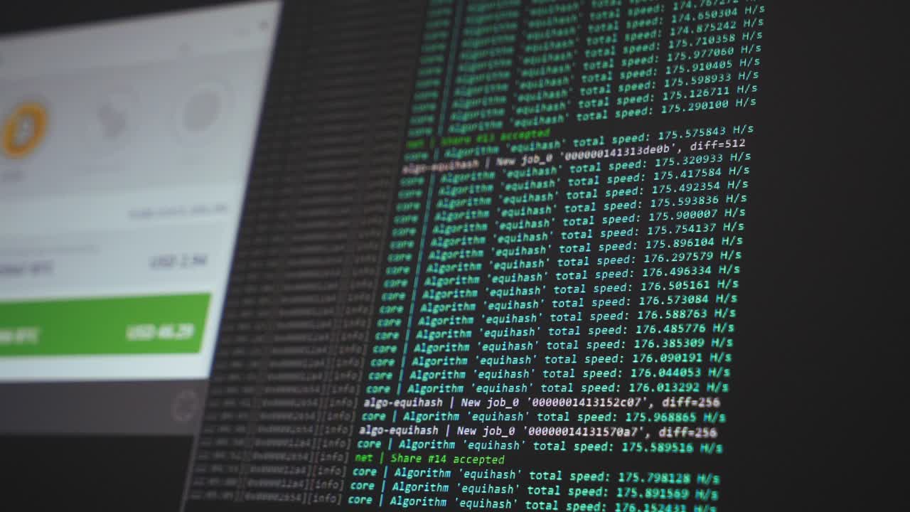 Screen display of cryptocurrency mining. Crypto farm. Mining farm. Software code