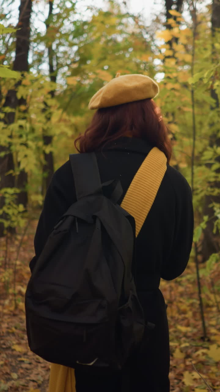 задний вид дамы в черном пальто, желтом берете и рюкзаке, проходящей по спокойному осеннему парку с высокими деревьями и сухой листьями, регулируя глушитель на шее, наслаждаясь спокойным отдыхом в природе