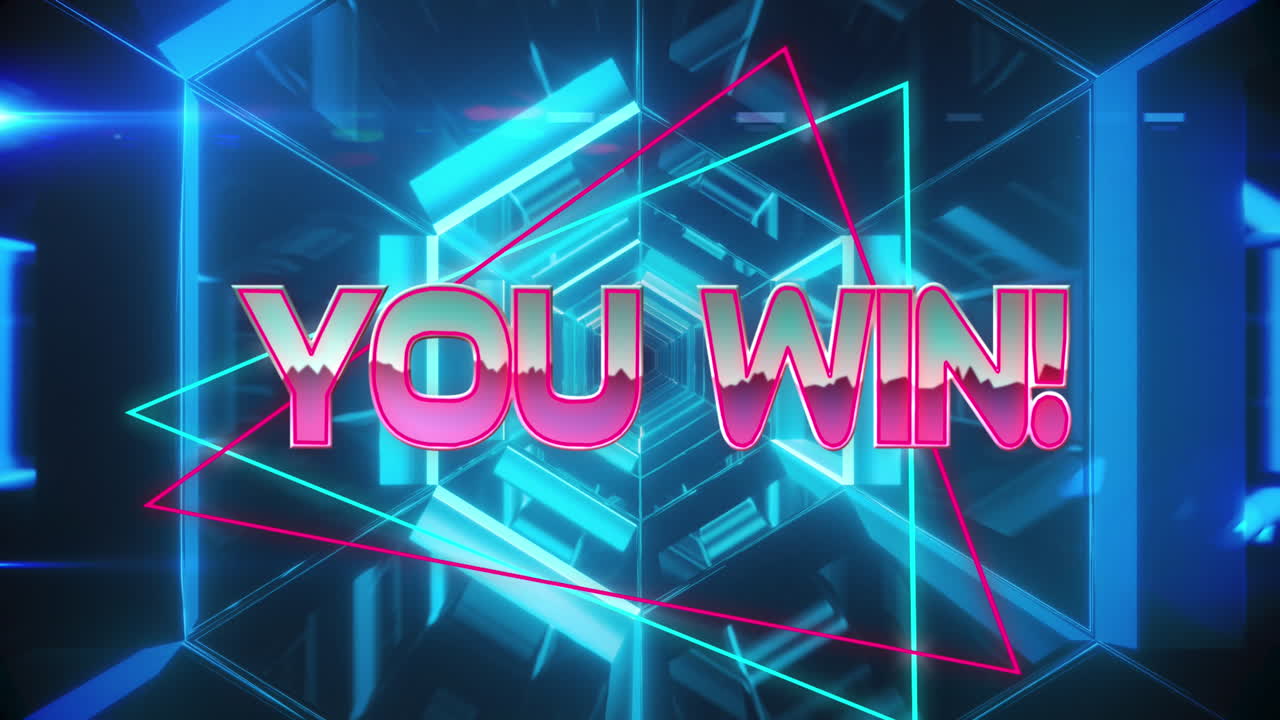 Animation of glitch effect over you win text banner against neon blue tunnel in seamless pattern