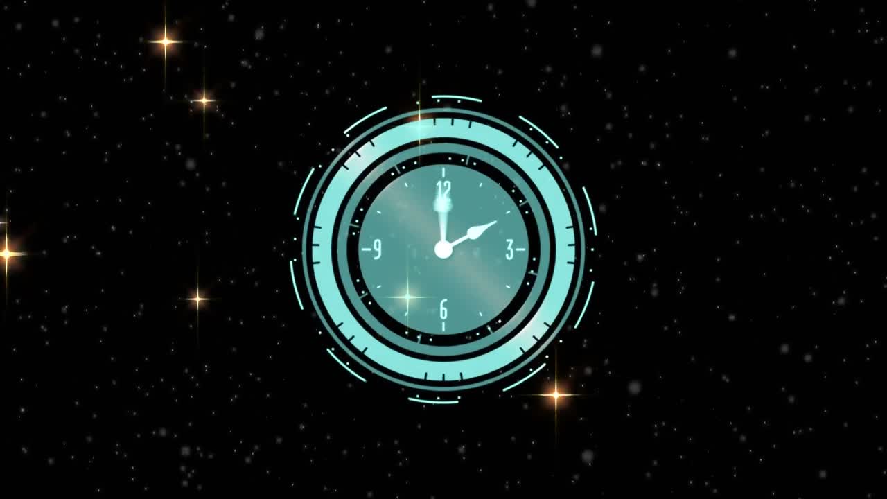 검은색 배경 에 반 ⁇ 이는 별 들 위 에 움직이는 손 을 가진 시계 의 애니메이션