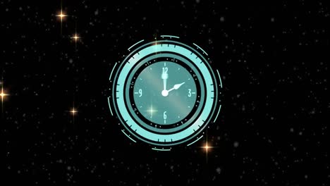 animación de un reloj con manecillas en movimiento sobre estrellas brillantes sobre fondo negro