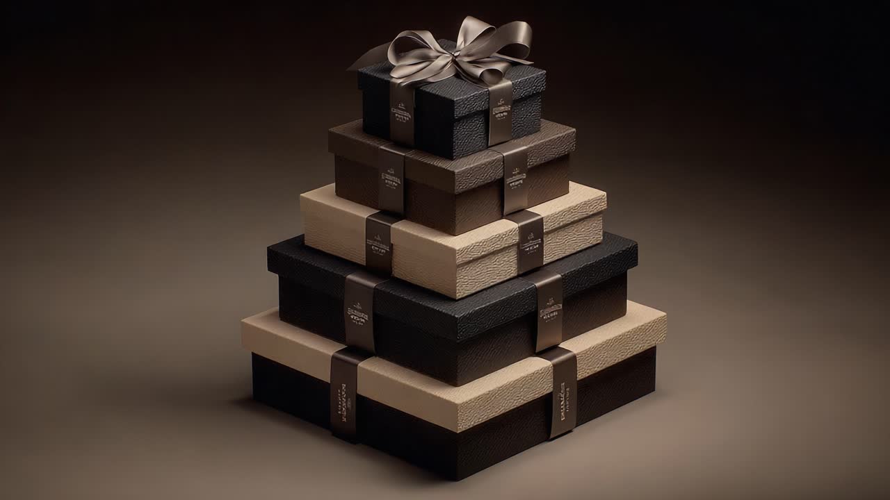 Elegant Stacked Gift Boxes with Ribbons Displayed in a Dimly Lit Environment, Showcasing a Luxurious Arrangement of Various Textured Wrappings and Subtle Color Contrasts