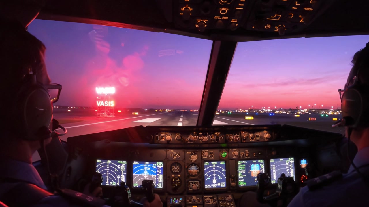 Vista dalla cabina di pilotaggio di piloti che si preparano al decollo al crepuscolo con un tramonto vibrante e indicatori del controllo del traffico aereo che illuminano il cielo notturno