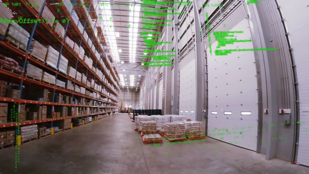 animación del procesamiento de datos en un almacén vacío