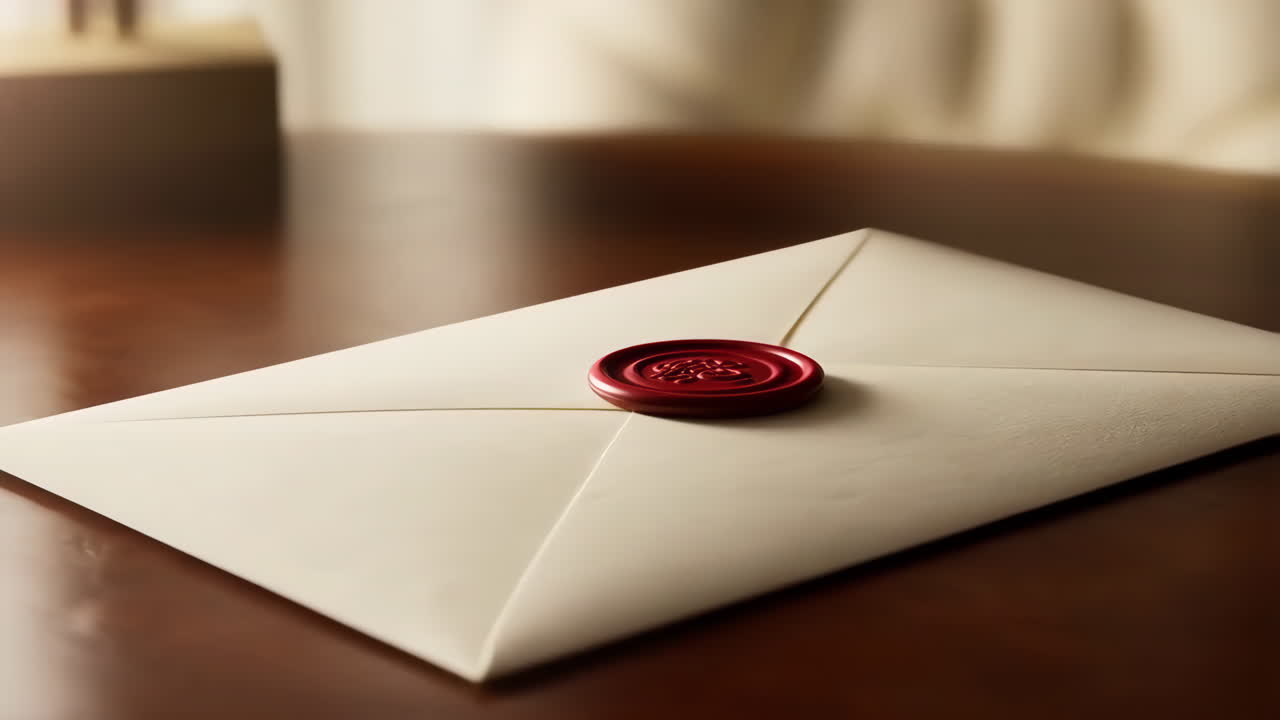 An elegant envelope with a red wax seal resting on a wooden surface