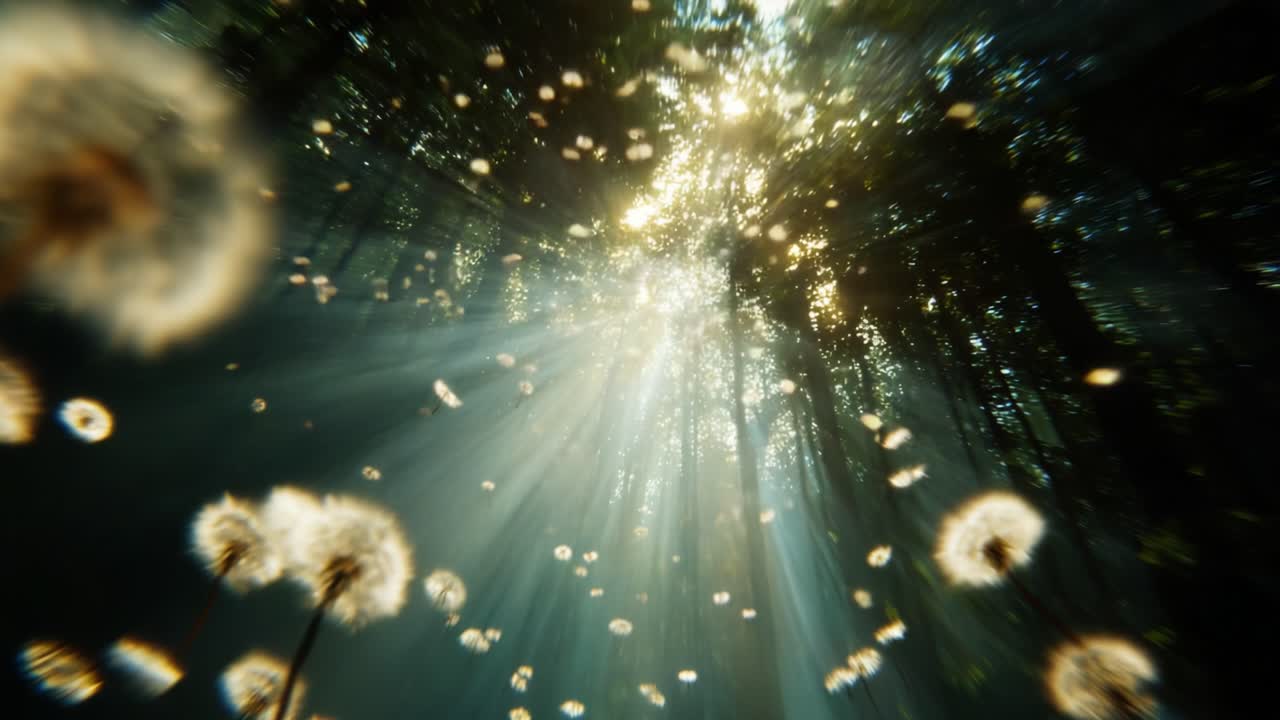 A Serene Journey Through a Sunlit Forest Filled with Dandelions, Capturing the Ethereal Beauty of Nature's Light as It Filters Through the Lush Canopy Above