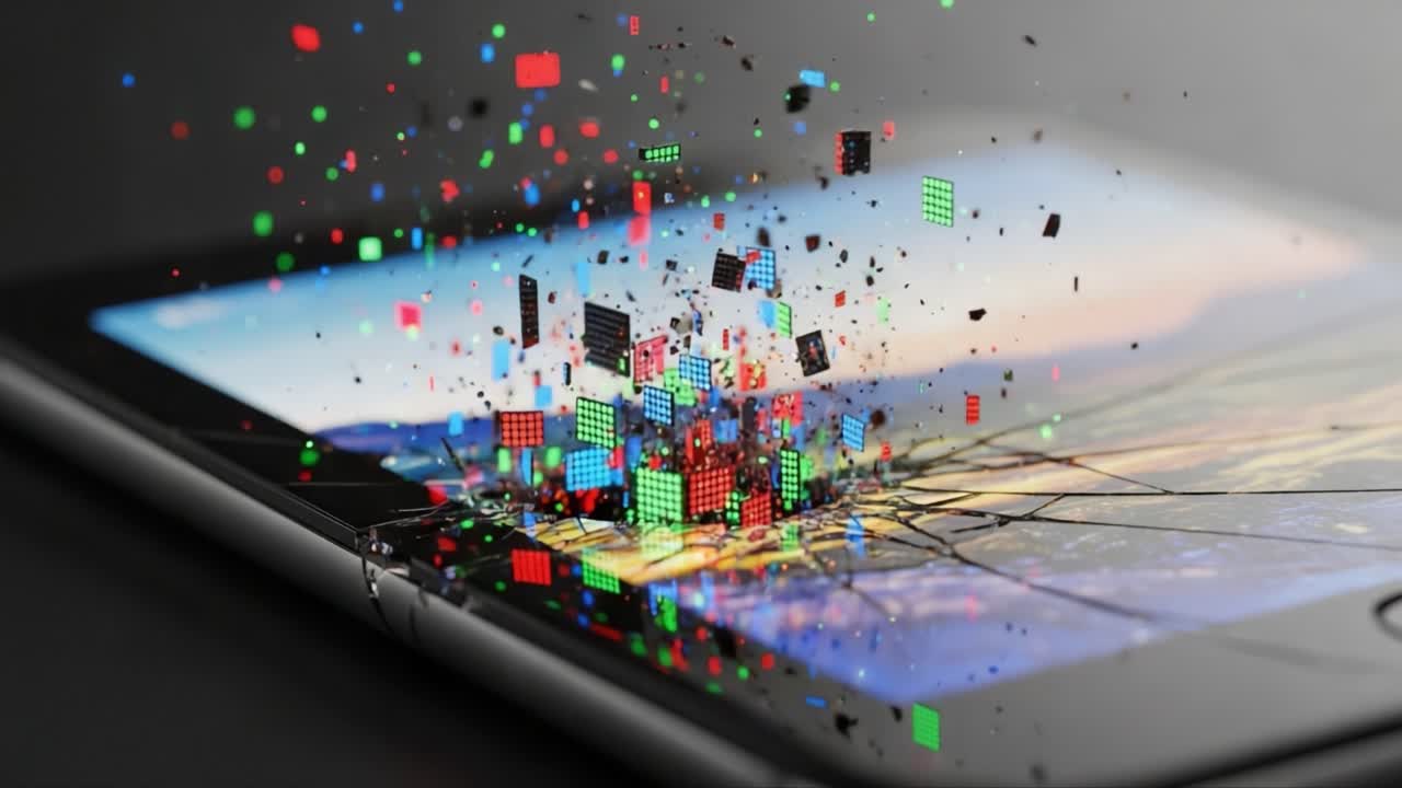 Visual Transformation of a Cracked Tablet Screen Capturing Dynamic Pixel Explosions and Landscape Reflections in the Changing Light of Day