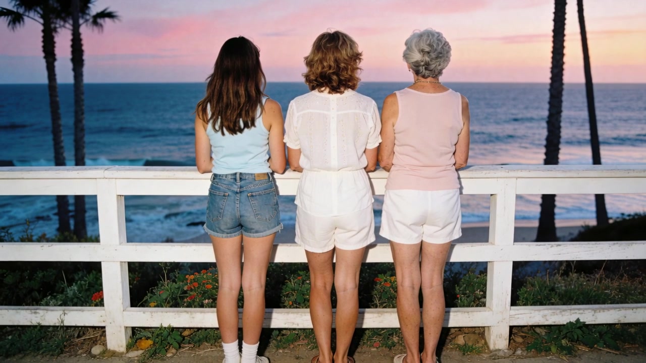 Tre donne in piedi che guardano il sole tramontare sull'oceano da una ringhiera bianca, indossando abiti estivi.