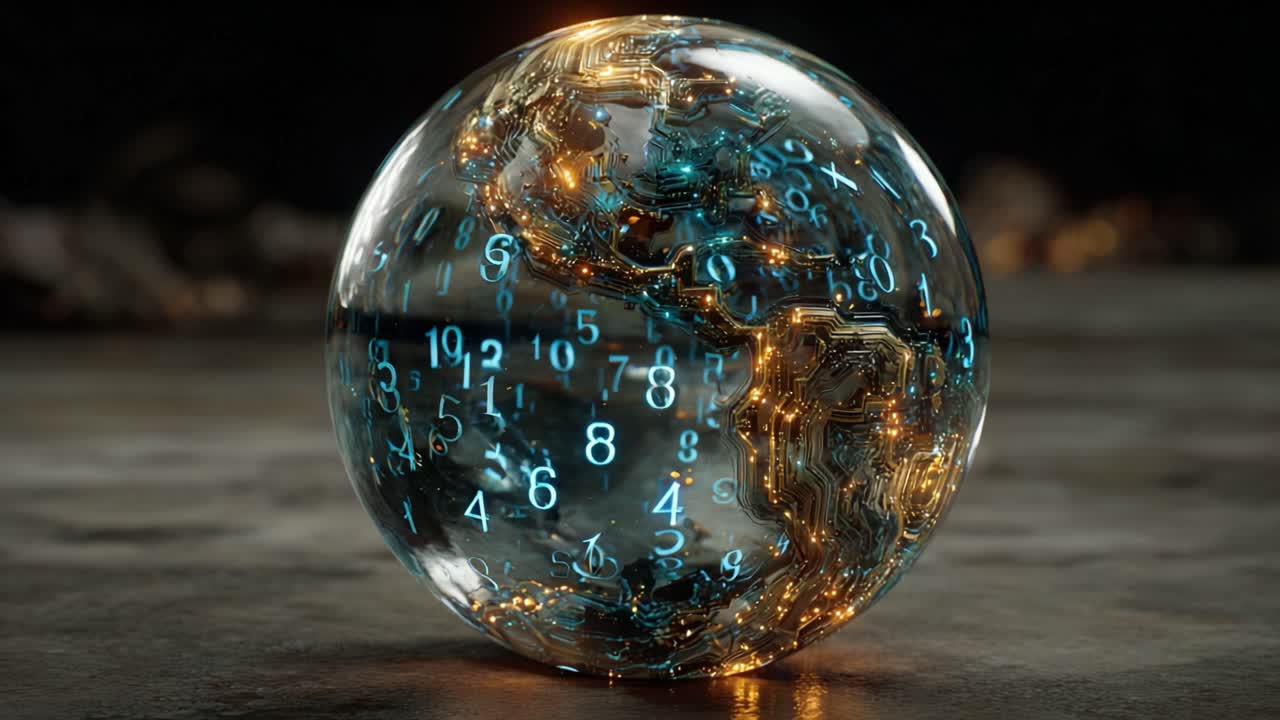 Futuristic glass globe showing a world map made of circuits with glowing numbers and data streams, representing global connectivity, big data, artificial intelligence, and technological advancement