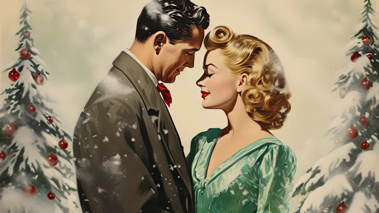 Vídeo romântico e vintage de um casal com roupas de inverno, capturado de um ângulo lateral