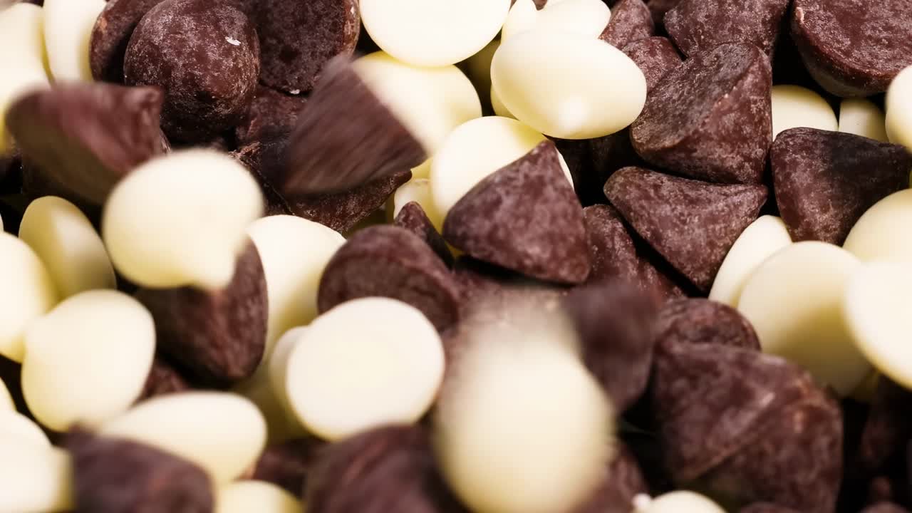 A detailed view of dark and white chocolate chips closely packed together, showcasing their texture and contrast.