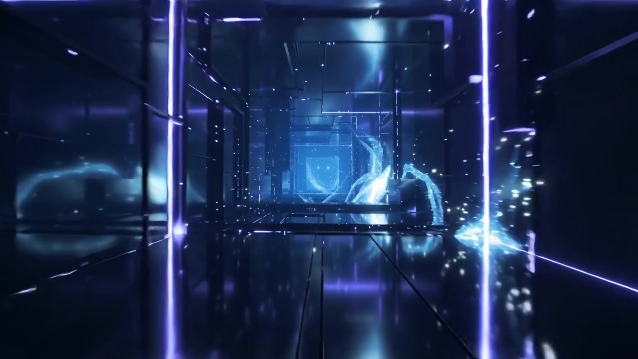 Starting camera advancing through neon cube tunnel sparks streaking blue ribbon curling to portal